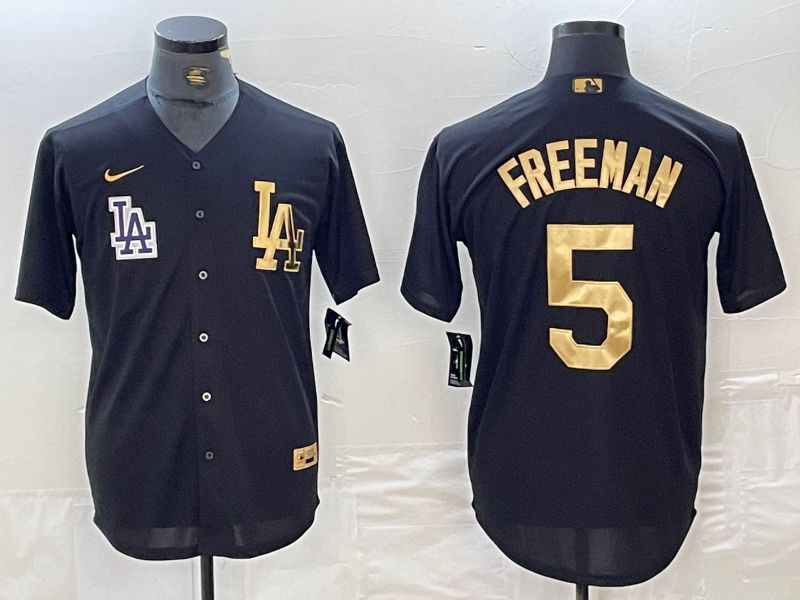 Men Los Angeles Dodgers 5 Freeman Black gold 4 th generation Nike 2024 MLB Jersey style 2